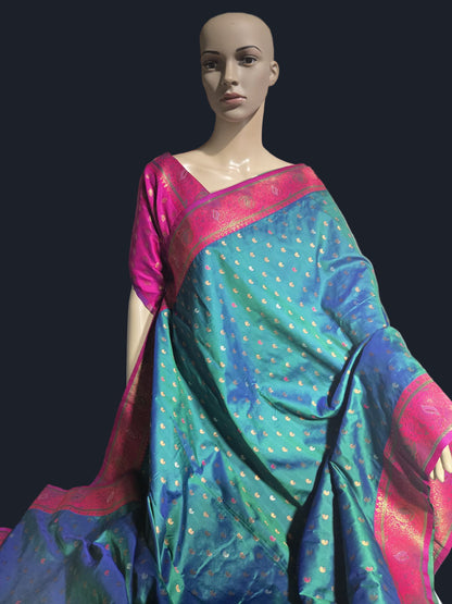 Pure Soft Paithani Silk Saree with Contrast Weaving Border & Rich Pallu – Shipped from USA