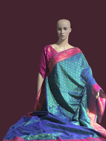 Pure Soft Paithani Silk Saree with Contrast Weaving Border & Rich Pallu – Shipped from USA