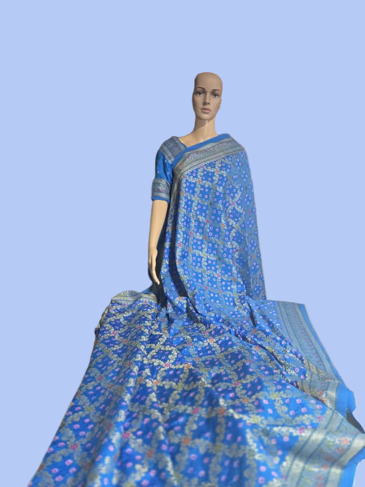 Banarasi Bandhni Pure Soft Dupion Silk Saree | Gharchola Zari Work | Handcrafted Design | Buy Soft Silk Saree from USA
