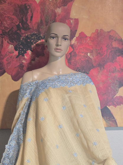 Ships from USA Exclusive Semi Jute Silk Saree with Cutwork Border  and embroidery | Yellow Saree with blouse buy from USA