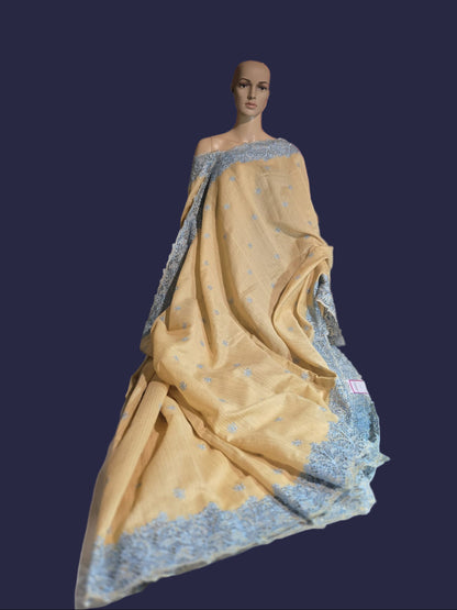 Ships from USA Exclusive Semi Jute Silk Saree with Cutwork Border  and embroidery | Yellow Saree with blouse buy from USA