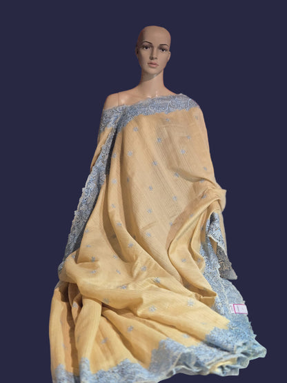 Ships from USA Exclusive Semi Jute Silk Saree with Cutwork Border  and embroidery | Yellow Saree with blouse buy from USA