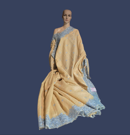 Ships from USA Exclusive Semi Jute Silk Saree with Cutwork Border  and embroidery | Yellow Saree with blouse buy from USA