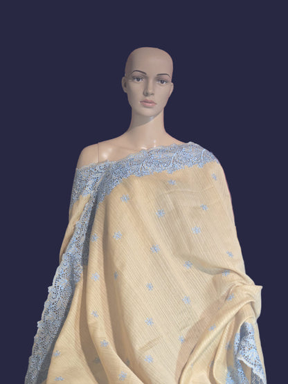 Ships from USA Exclusive Semi Jute Silk Saree with Cutwork Border  and embroidery | Yellow Saree with blouse buy from USA