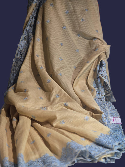 Ships from USA Exclusive Semi Jute Silk Saree with Cutwork Border  and embroidery | Yellow Saree with blouse buy from USA