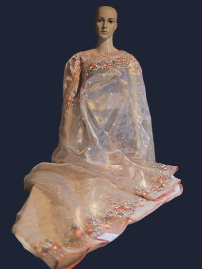 Exclusive Embroidered Pure Organza Saree buy from USA with Threadwork Border & Matching Blouse – Lightweight & Elegant