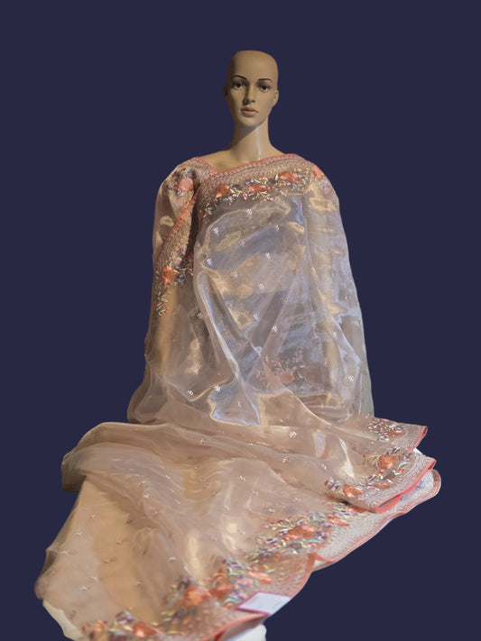 Exclusive Embroidered Pure Organza Saree buy from USA with Threadwork Border & Matching Blouse – Lightweight & Elegant