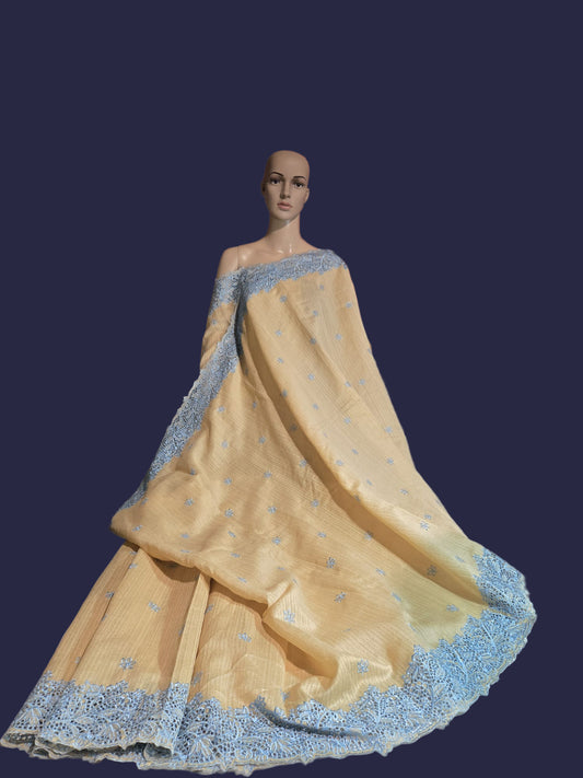 Ships from USA Exclusive Semi Jute Silk Saree with Cutwork Border  and embroidery | Yellow Saree with blouse buy from USA