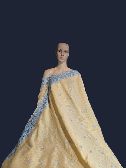 Ships from USA Exclusive Semi Jute Silk Saree with Cutwork Border  and embroidery | Yellow Saree with blouse buy from USA
