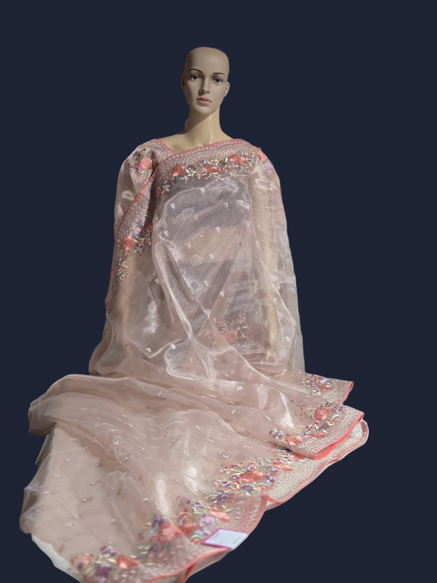 Exclusive Embroidered Pure Organza Saree buy from USA with Threadwork Border & Matching Blouse – Lightweight & Elegant