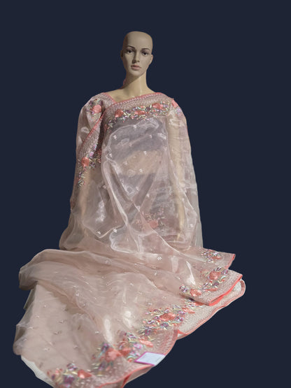 Exclusive Embroidered Pure Organza Saree buy from USA with Threadwork Border & Matching Blouse – Lightweight & Elegant