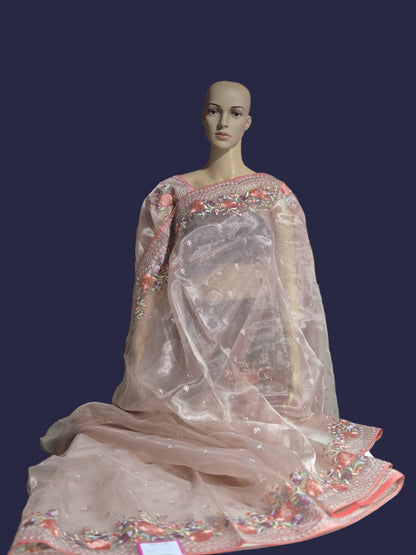 Exclusive Embroidered Pure Organza Saree buy from USA with Threadwork Border & Matching Blouse – Lightweight & Elegant