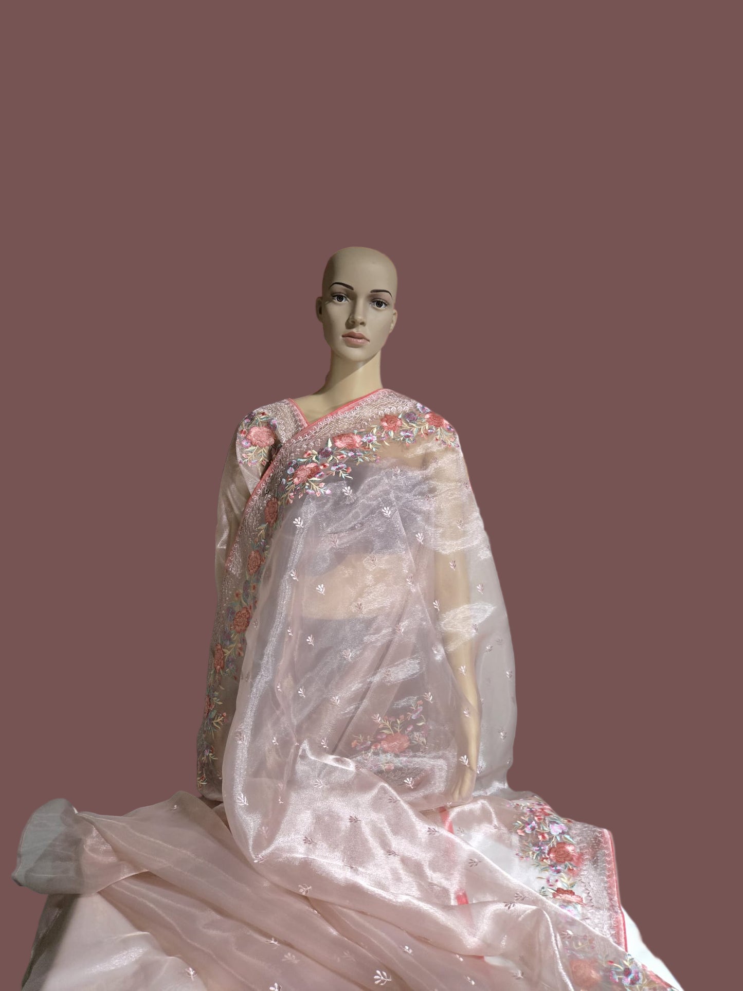 Exclusive Embroidered Pure Organza Saree buy from USA with Threadwork Border & Matching Blouse – Lightweight & Elegant