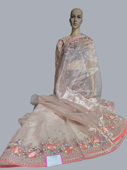 Exclusive Embroidered Pure Organza Saree buy from USA with Threadwork Border & Matching Blouse – Lightweight & Elegant