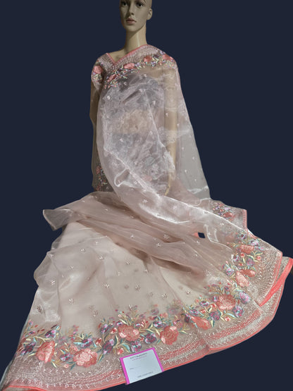 Exclusive Embroidered Pure Organza Saree buy from USA with Threadwork Border & Matching Blouse – Lightweight & Elegant