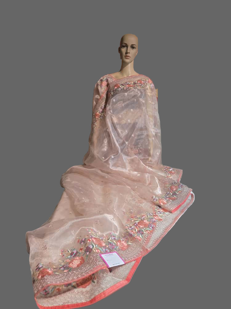 Exclusive Embroidered Pure Organza Saree buy from USA with Threadwork Border & Matching Blouse – Lightweight & Elegant