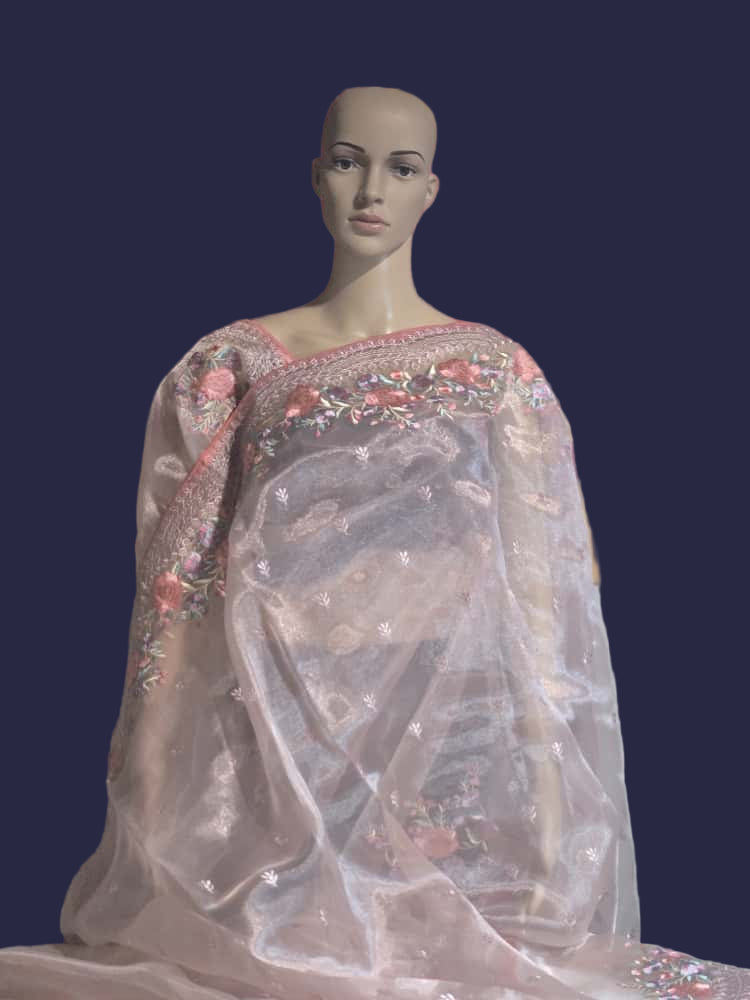 Exclusive Embroidered Pure Organza Saree buy from USA with Threadwork Border & Matching Blouse – Lightweight & Elegant