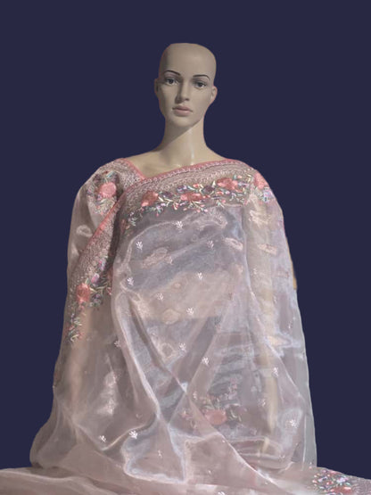Exclusive Embroidered Pure Organza Saree buy from USA with Threadwork Border & Matching Blouse – Lightweight & Elegant