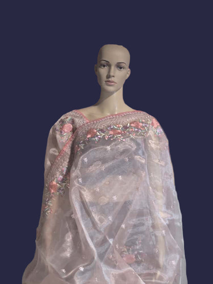 Exclusive Embroidered Pure Organza Saree buy from USA with Threadwork Border & Matching Blouse – Lightweight & Elegant