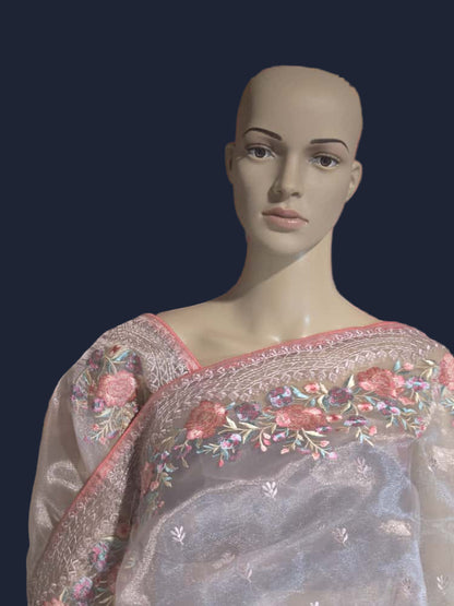 Exclusive Embroidered Pure Organza Saree buy from USA with Threadwork Border & Matching Blouse – Lightweight & Elegant