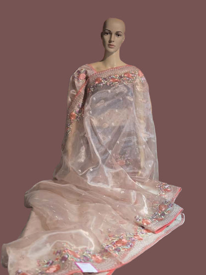 Exclusive Embroidered Pure Organza Saree buy from USA with Threadwork Border & Matching Blouse – Lightweight & Elegant