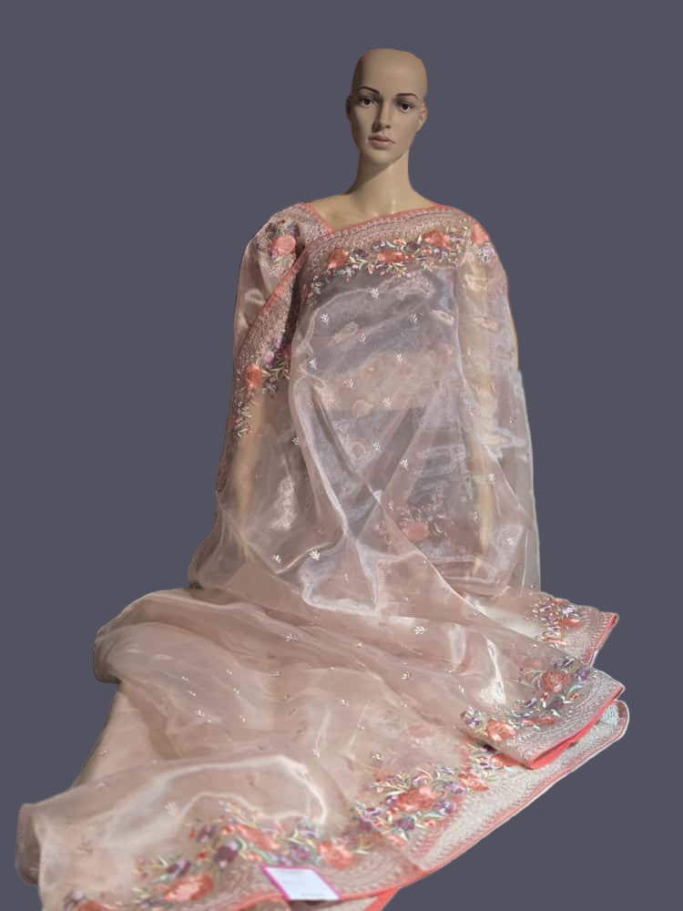 Exclusive Embroidered Pure Organza Saree buy from USA with Threadwork Border & Matching Blouse – Lightweight & Elegant