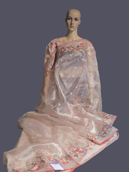 Exclusive Embroidered Pure Organza Saree buy from USA with Threadwork Border & Matching Blouse – Lightweight & Elegant