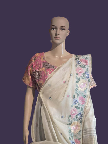 Chanderi Organza Floral Embroidery blended Silk Saree with Multicolor Stitched Blouse– Lightweight Festive Wear from USA
