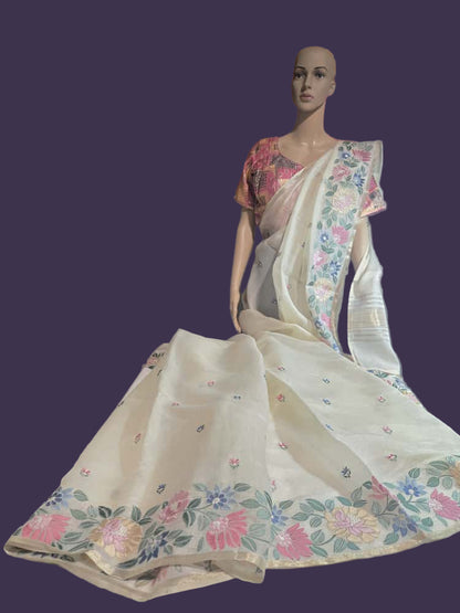 Chanderi Organza Floral Embroidery blended Silk Saree with Multicolor Stitched Blouse– Lightweight Festive Wear from USA