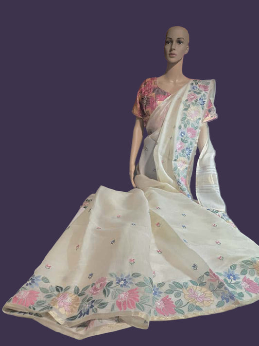 Chanderi Organza Floral Embroidery blended Silk Saree with Multicolor Stitched Blouse– Lightweight Festive Wear from USA