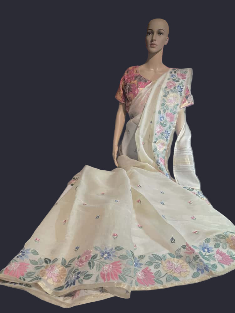 Chanderi Organza Floral Embroidery blended Silk Saree with Multicolor Stitched Blouse– Lightweight Festive Wear from USA