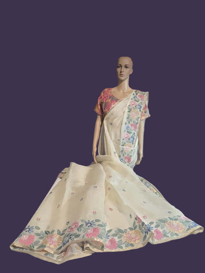 Chanderi Organza Floral Embroidery blended Silk Saree with Multicolor Stitched Blouse– Lightweight Festive Wear from USA
