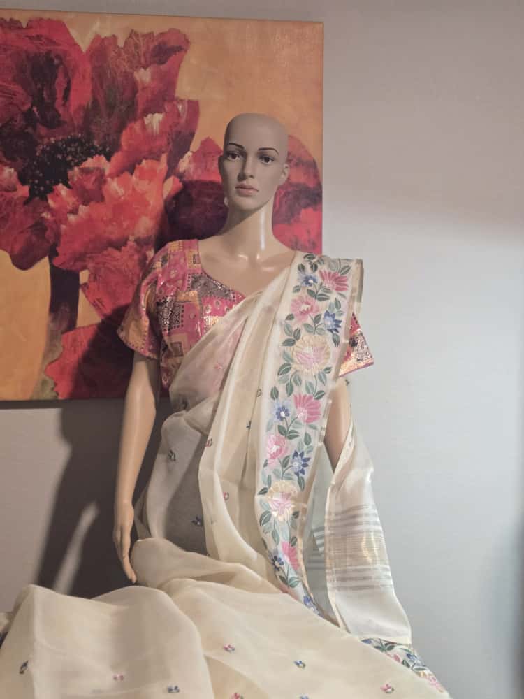 Chanderi Organza Floral Embroidery blended Silk Saree with Multicolor Stitched Blouse– Lightweight Festive Wear from USA