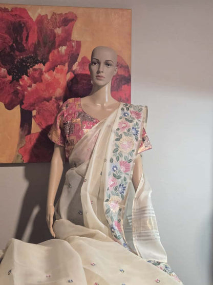 Chanderi Organza Floral Embroidery blended Silk Saree with Multicolor Stitched Blouse– Lightweight Festive Wear from USA