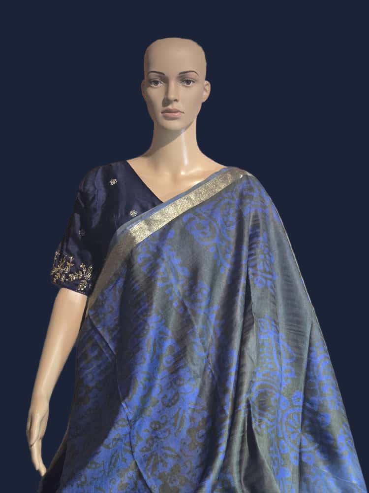 Greyish Green and Blue Semi Kanjeevaram Silk Saree with Stitched Blouse Allover Batik Prints | Elegant Soft Silk Saree for Special Occasions