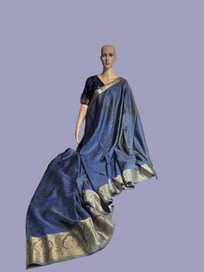 Greyish Green and Blue Semi Kanjeevaram Silk Saree with Stitched Blouse Allover Batik Prints | Elegant Soft Silk Saree for Special Occasions