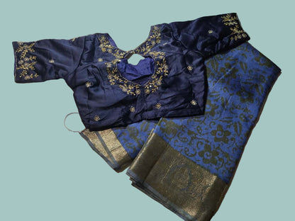 Greyish Green and Blue Semi Kanjeevaram Silk Saree with Stitched Blouse Allover Batik Prints | Elegant Soft Silk Saree for Special Occasions