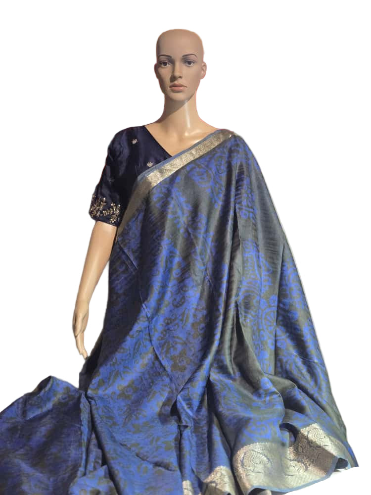 Greyish Green and Blue Semi Kanjeevaram Silk Saree with Stitched Blouse Allover Batik Prints | Elegant Soft Silk Saree for Special Occasions