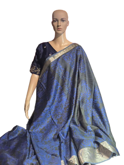 Greyish Green and Blue Semi Kanjeevaram Silk Saree with Stitched Blouse Allover Batik Prints | Elegant Soft Silk Saree for Special Occasions