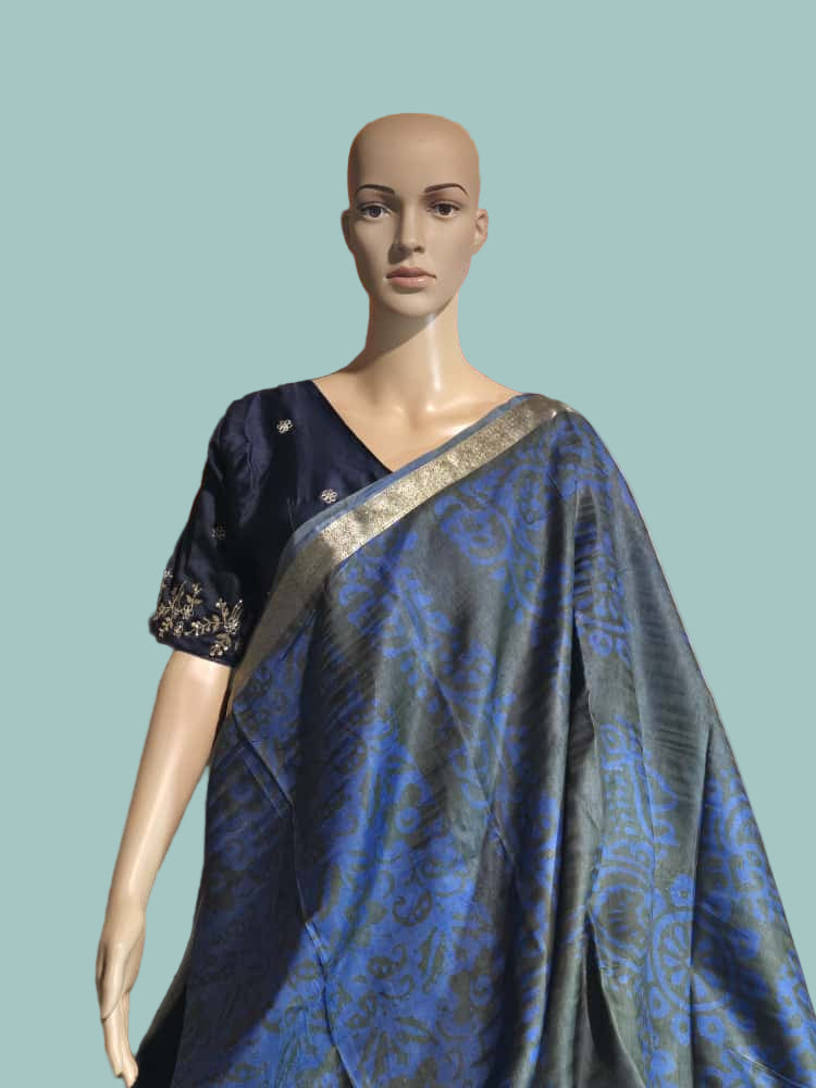 Greyish Green and Blue Semi Kanjeevaram Silk Saree with Stitched Blouse Allover Batik Prints | Elegant Soft Silk Saree for Special Occasions