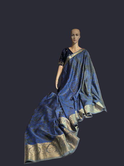 Greyish Green and Blue Semi Kanjeevaram Silk Saree with Stitched Blouse Allover Batik Prints | Elegant Soft Silk Saree for Special Occasions