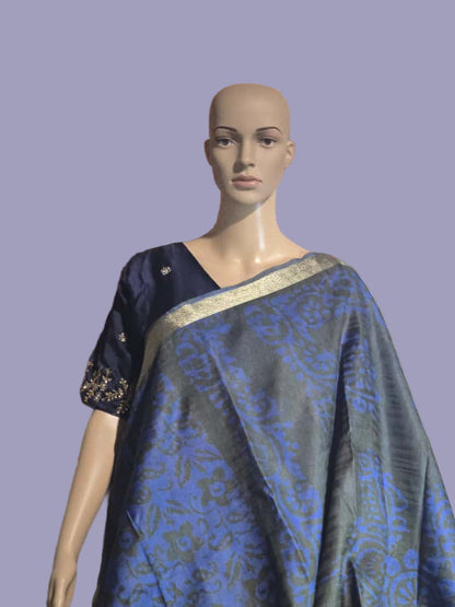 Greyish Green and Blue Semi Kanjeevaram Silk Saree with Stitched Blouse Allover Batik Prints | Elegant Soft Silk Saree for Special Occasions