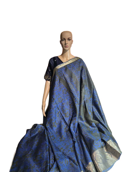 Greyish Green and Blue Semi Kanjeevaram Silk Saree with Stitched Blouse Allover Batik Prints | Elegant Soft Silk Saree for Special Occasions