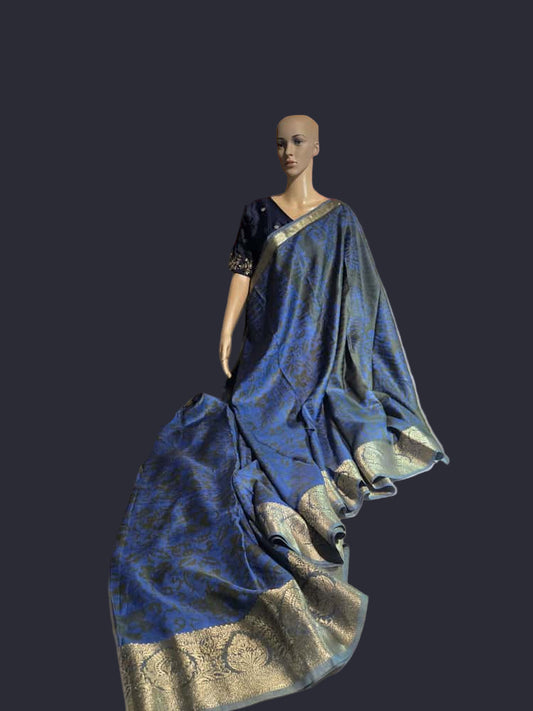 Greyish Green and Blue Semi Kanjeevaram Silk Saree with Stitched Blouse Allover Batik Prints | Elegant Soft Silk Saree for Special Occasions