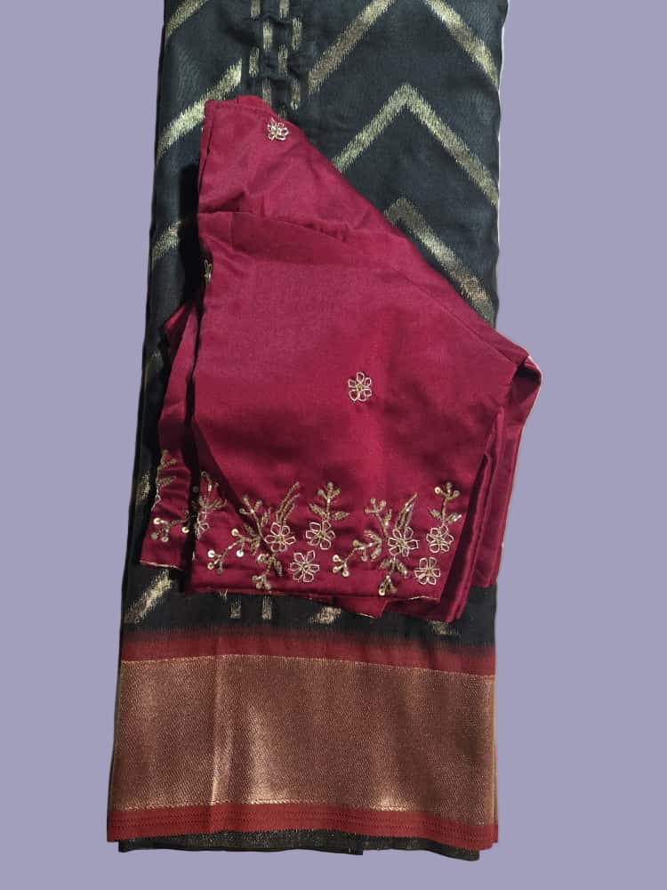 Zari Design Soft Silk Saree with embroidery stitched blouse  Weaving Pallu – Ships from USA – Traditional Silk Saree for Weddings & Festivals- Black Saree