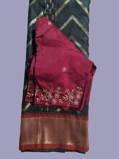 Zari Design Soft Silk Saree with embroidery stitched blouse  Weaving Pallu – Ships from USA – Traditional Silk Saree for Weddings & Festivals- Black Saree