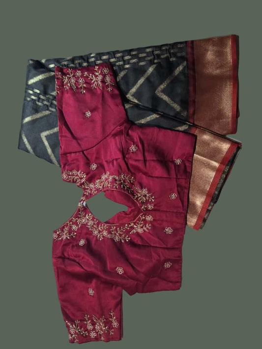 Zari Design Soft Silk Saree with embroidery stitched blouse  Weaving Pallu – Ships from USA – Traditional Silk Saree for Weddings & Festivals- Black Saree