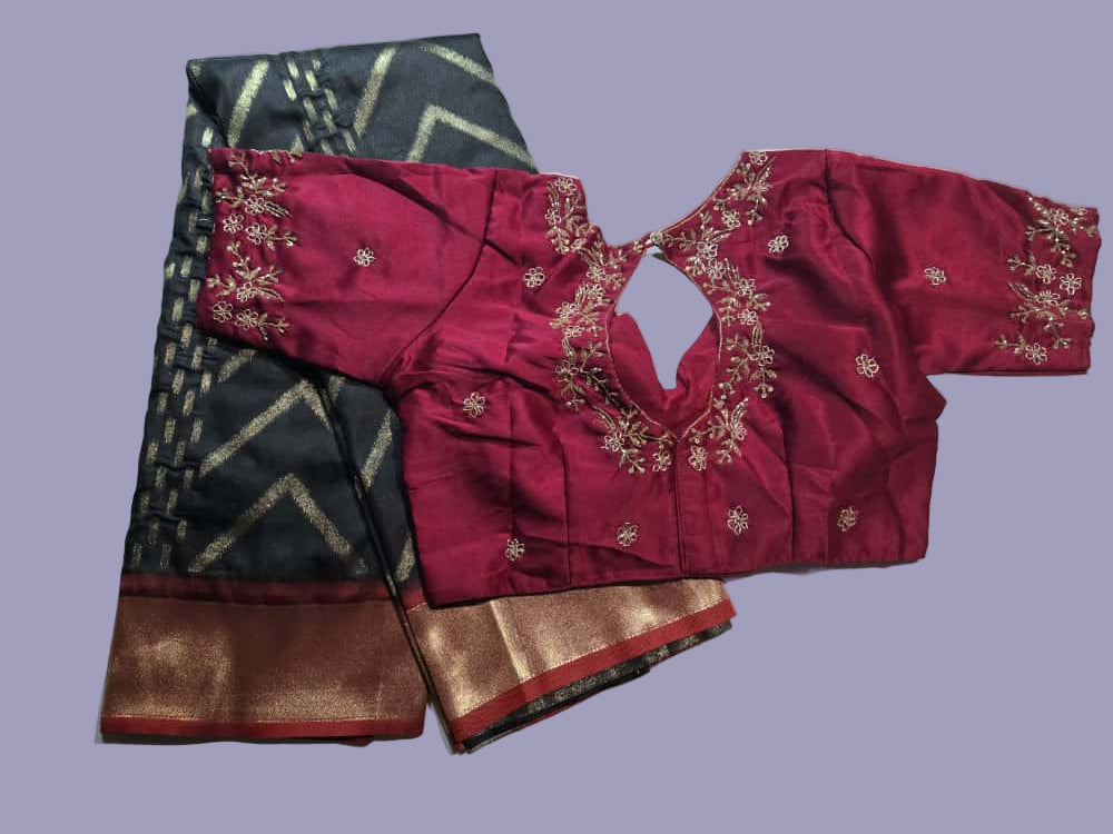 Zari Design Soft Silk Saree with embroidery stitched blouse  Weaving Pallu – Ships from USA – Traditional Silk Saree for Weddings & Festivals- Black Saree