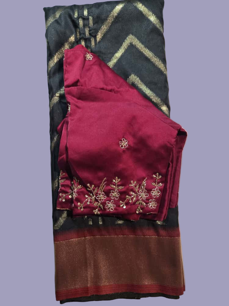 Zari Design Soft Silk Saree with embroidery stitched blouse  Weaving Pallu – Ships from USA – Traditional Silk Saree for Weddings & Festivals- Black Saree