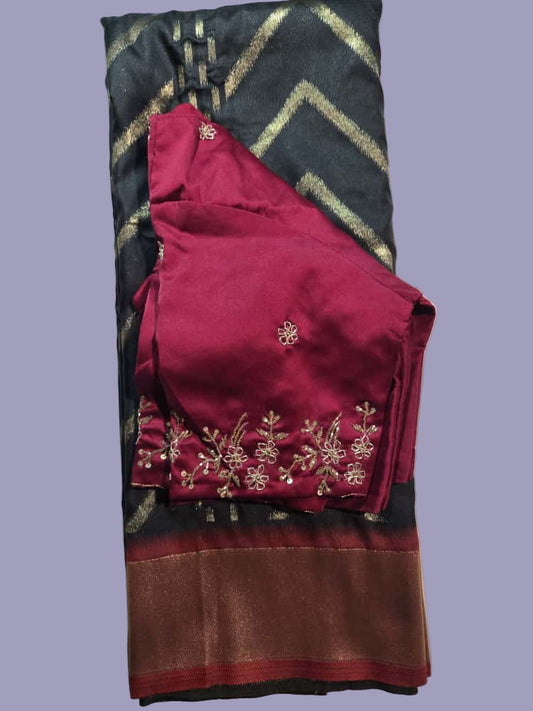 Zari Design Soft Silk Saree with embroidery stitched blouse  Weaving Pallu – Ships from USA – Traditional Silk Saree for Weddings & Festivals- Black Saree